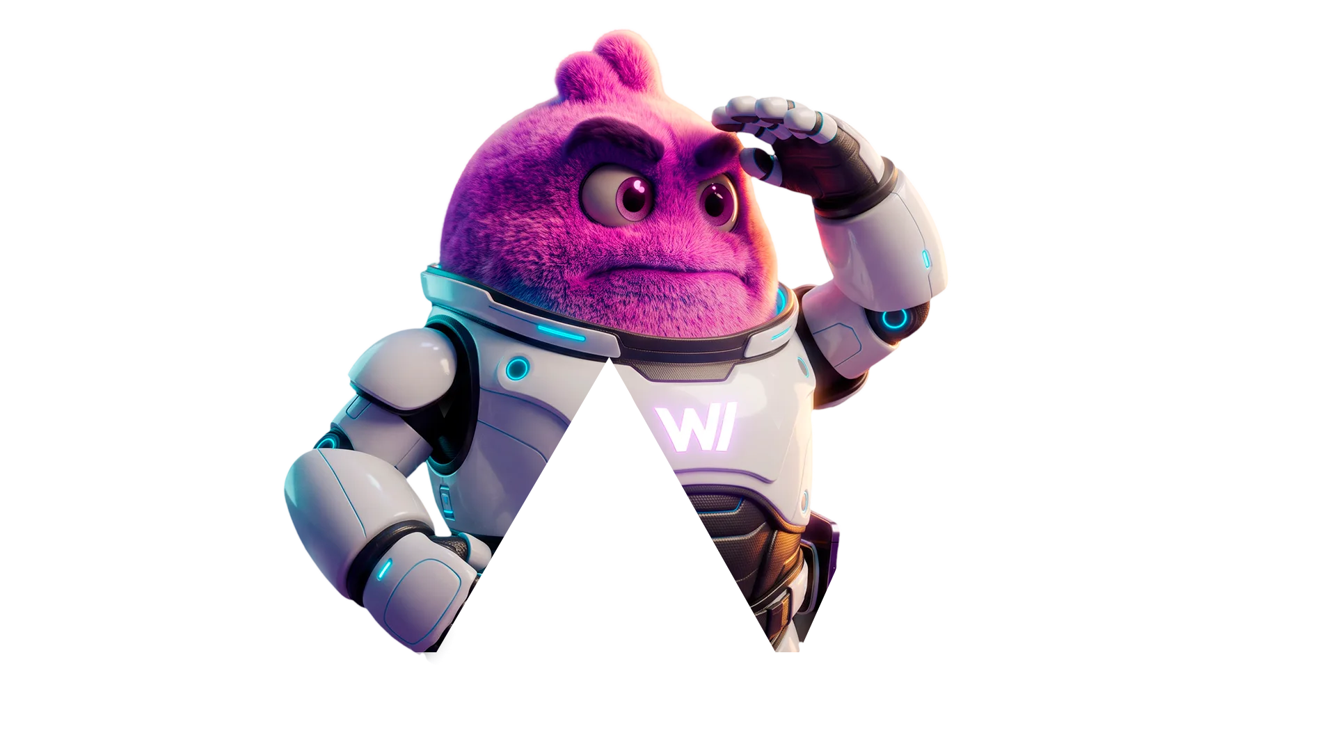 Mascote WeeNow com armadura tecnológica representando Agentforce