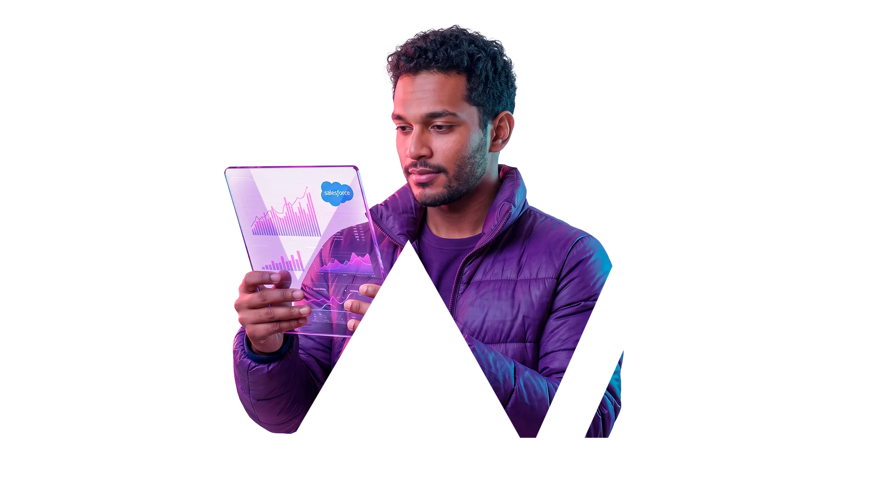 Especialista analisando gráficos de resultados Salesforce em um tablet
