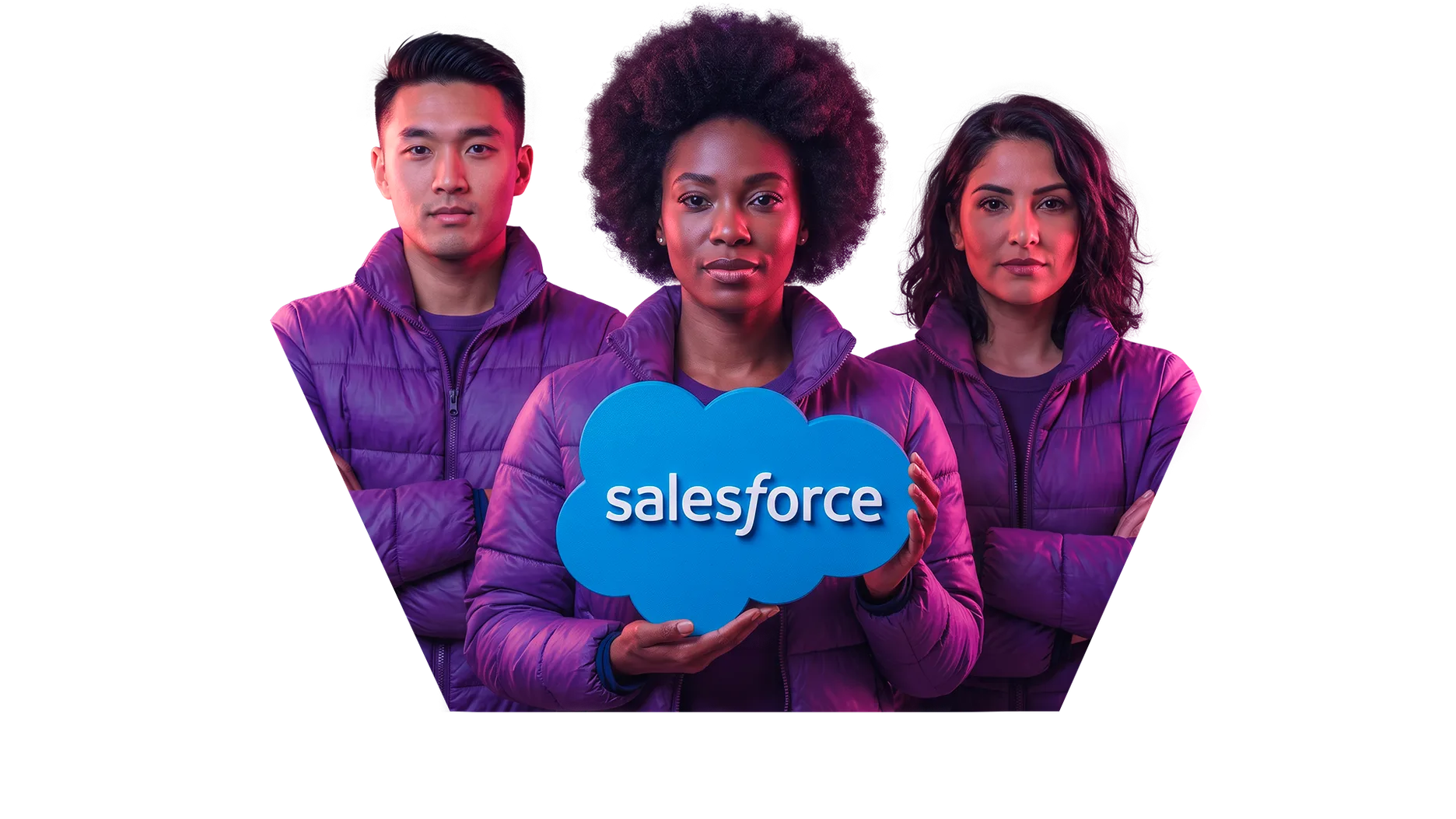 Três pessoas em jaquetas roxas, com uma placa Salesforce, representando a conexão e a experiência WeeNow