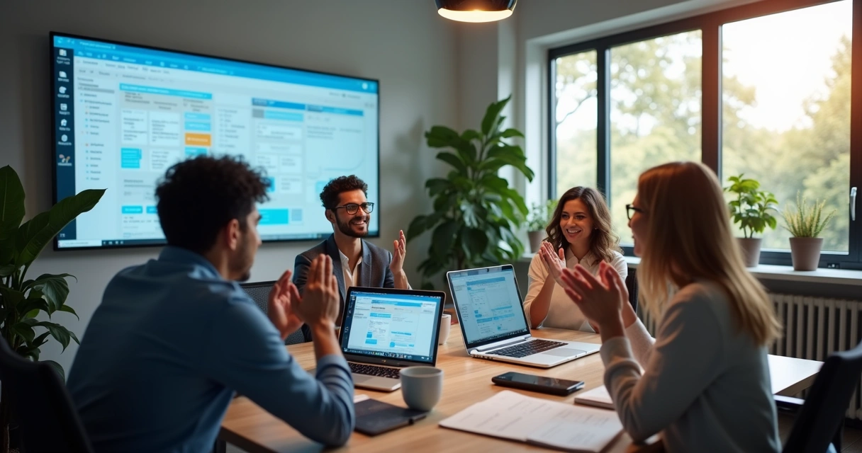 Equipe de negócios aplaudindo automação de IA no trabalho