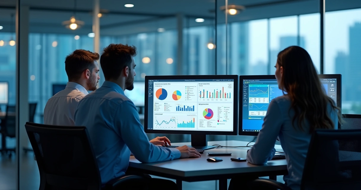 Equipe realizando prospecção ativa em computadores com dashboards de dados