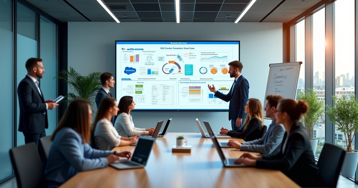 Equipe de consultoria reunida em sala de reuniões projetando gráficos e fluxos de batch Salesforce