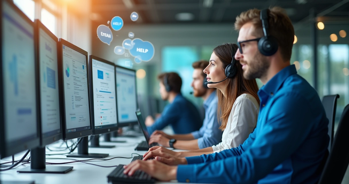 Representação visual de equipe de TI oferecendo suporte contínuo em ambiente moderno de trabalho