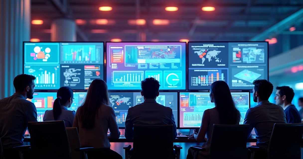 Pessoas assistindo vídeos em várias telas, com gráficos em movimento