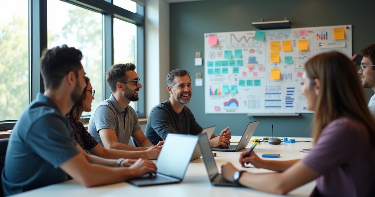 Equipe de marketing, vendas e atendimento reunida em discussão estratégica