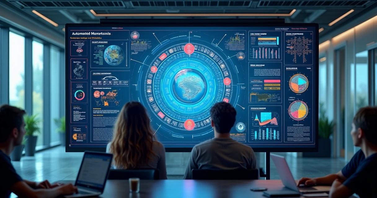 Painel de inteligência artificial mostrando fluxos automatizados de marketing