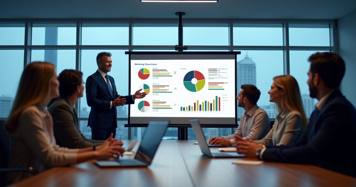 Executivo apresentando resultados de marketing em telão para equipe diversificada