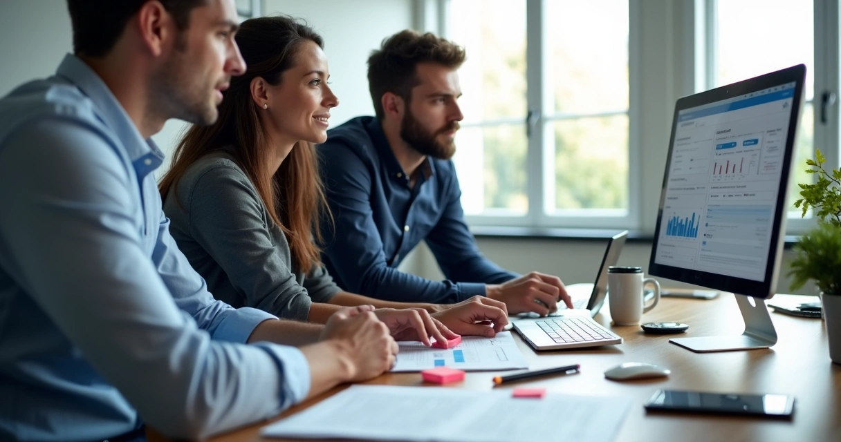 Consultores de tecnologia ajustando painéis em um notebook durante implantação de CRM