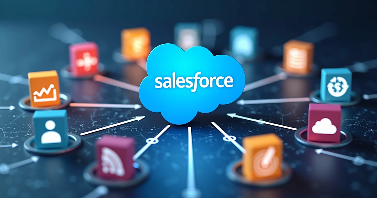 Conceito de integração entre sistemas conectando diferentes plataformas e CRM Salesforce