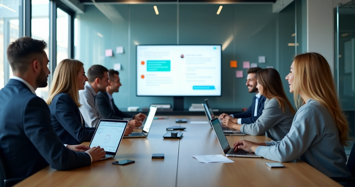 Equipe de trabalho usando Slack em computadores ao redor de uma mesa de reunião