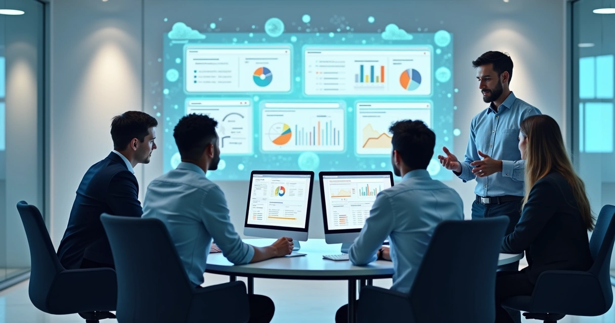 Equipe em um ambiente colaborativo com computador e gráficos na tela