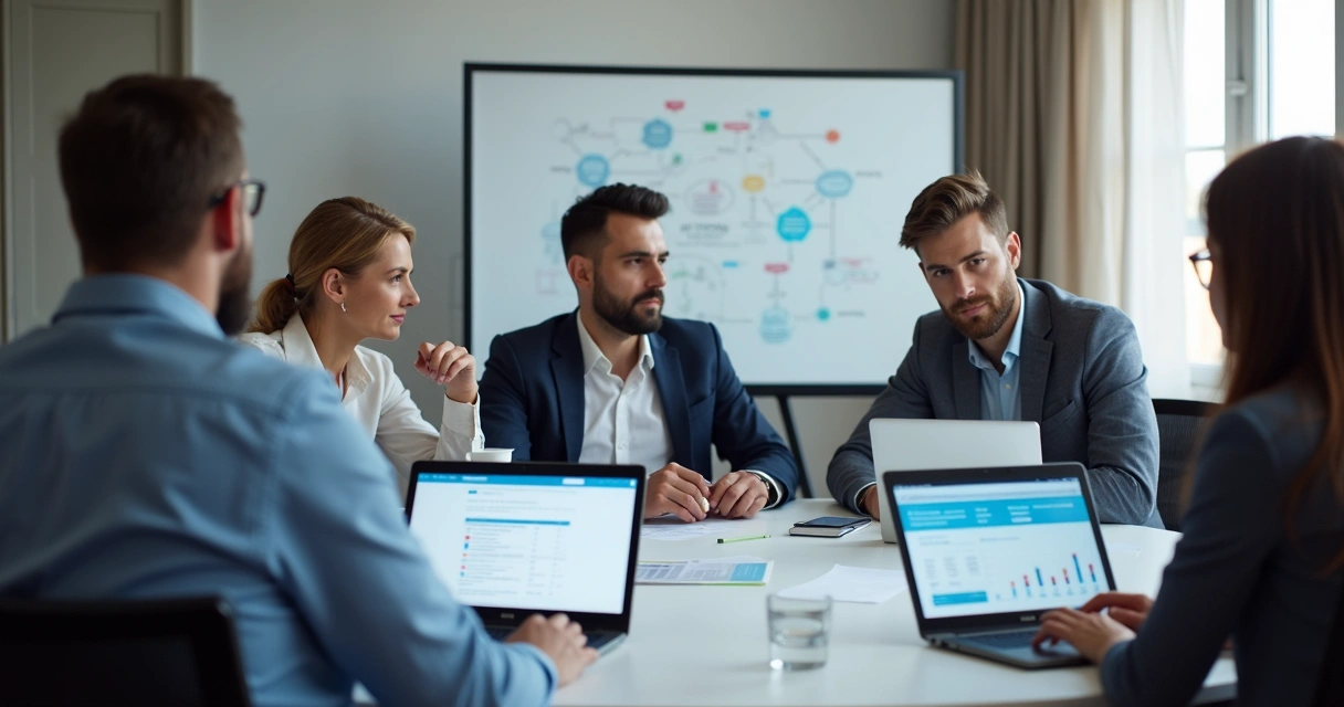 Consultores discutindo integração Salesforce em mesa de reunião