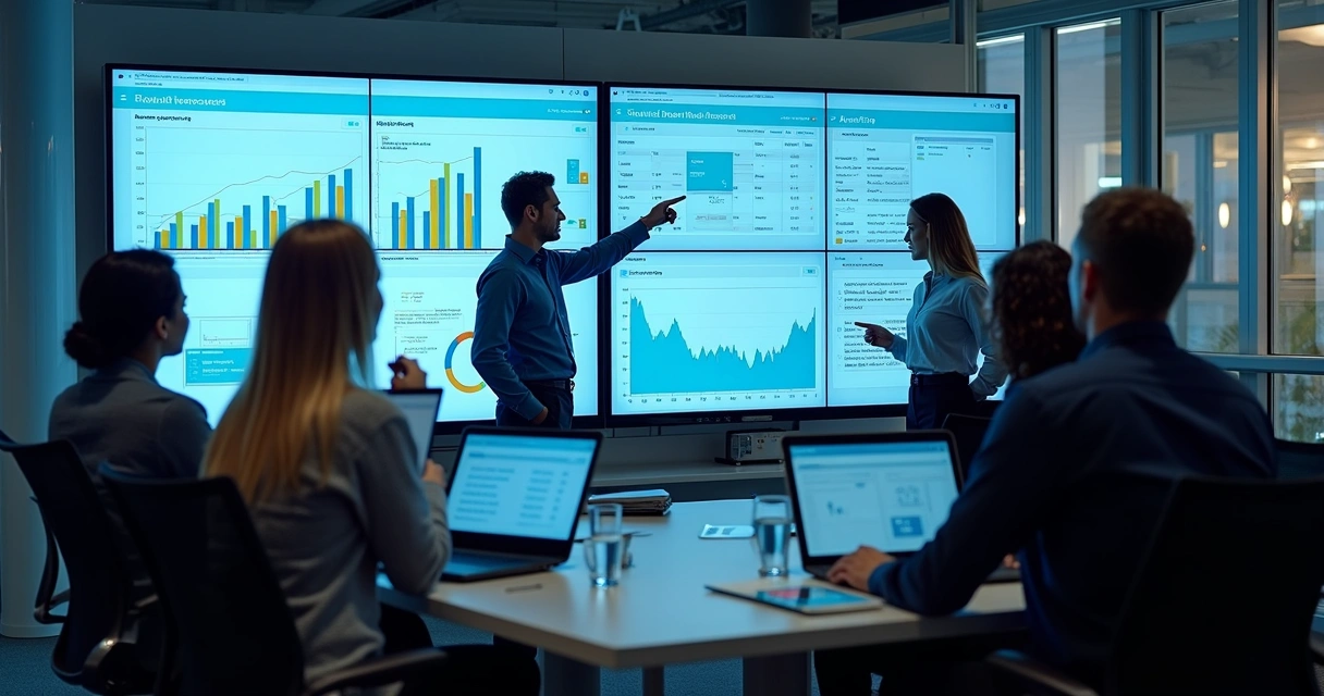 Equipe empresarial analisando resultados em gráficos do Salesforce
