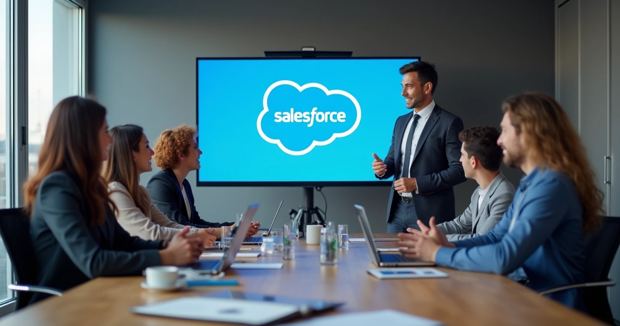 Consultoria orientando cliente sobre Salesforce em sala de reunião