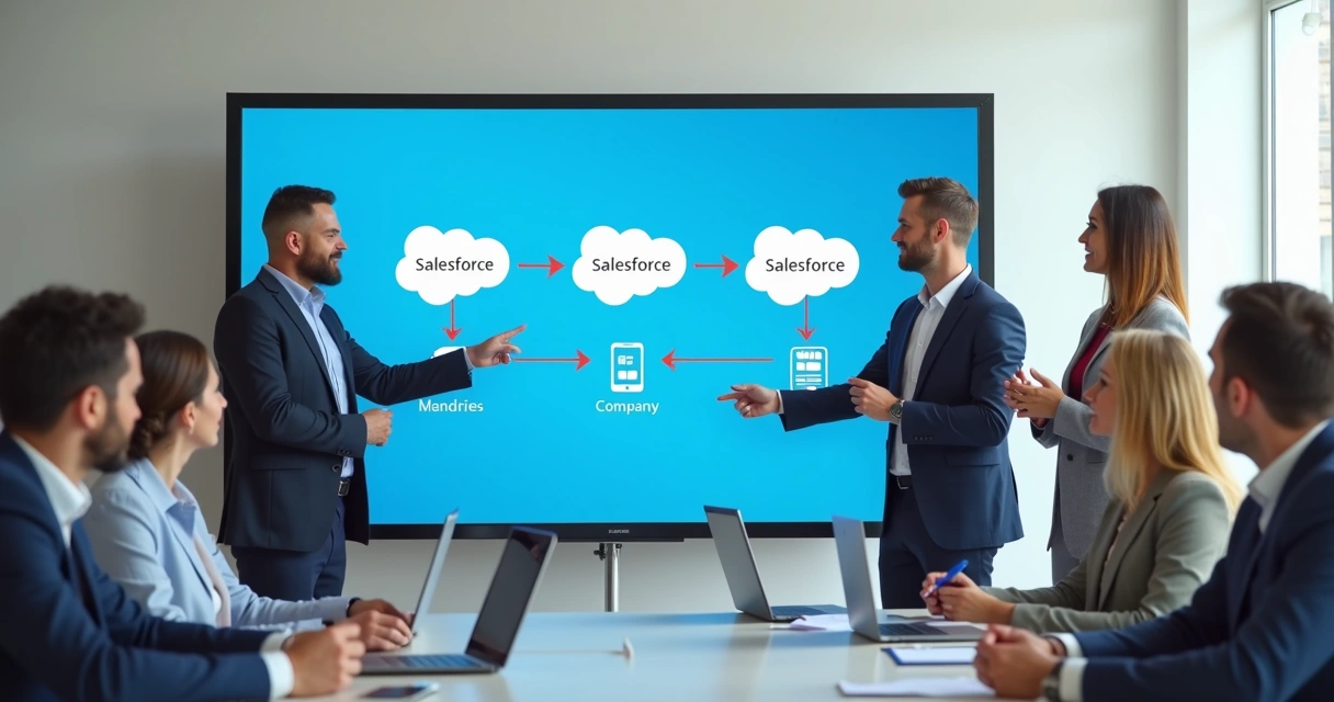 Consultores de TI explicando integração Salesforce para gestores
