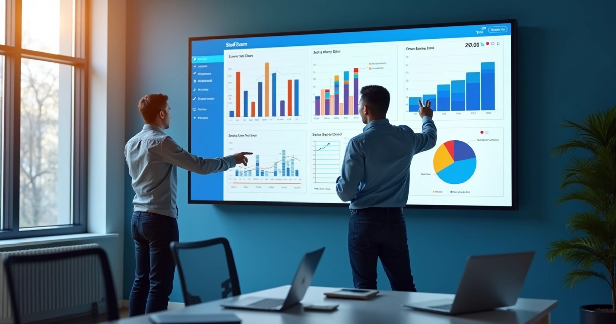 Dashboard digital de vendas com gráficos e relatórios coloridos em tela grande