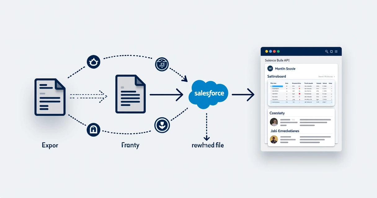 Fluxo assíncrono demonstrando envio de CSV para Salesforce Bulk API com status e gerenciamento visuais