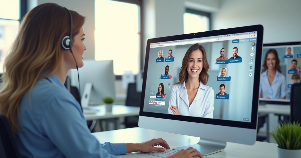 Equipe atendendo clientes com telas de perfis completos e personalizados