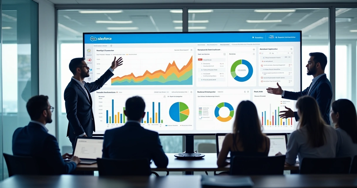 Dashboard gráfico de vendas em Salesforce, mostrando crescimento de vendas e oportunidades no funil