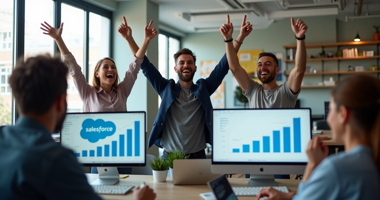 Equipe empresarial comemorando crescimento com CRM e gráficos ascendentes