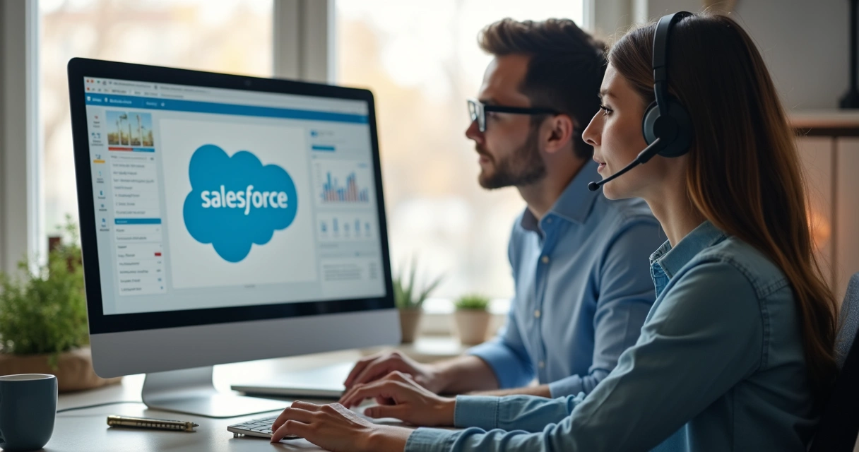 Profissional de TI auxiliando colega em tela de Salesforce com interface aberta
