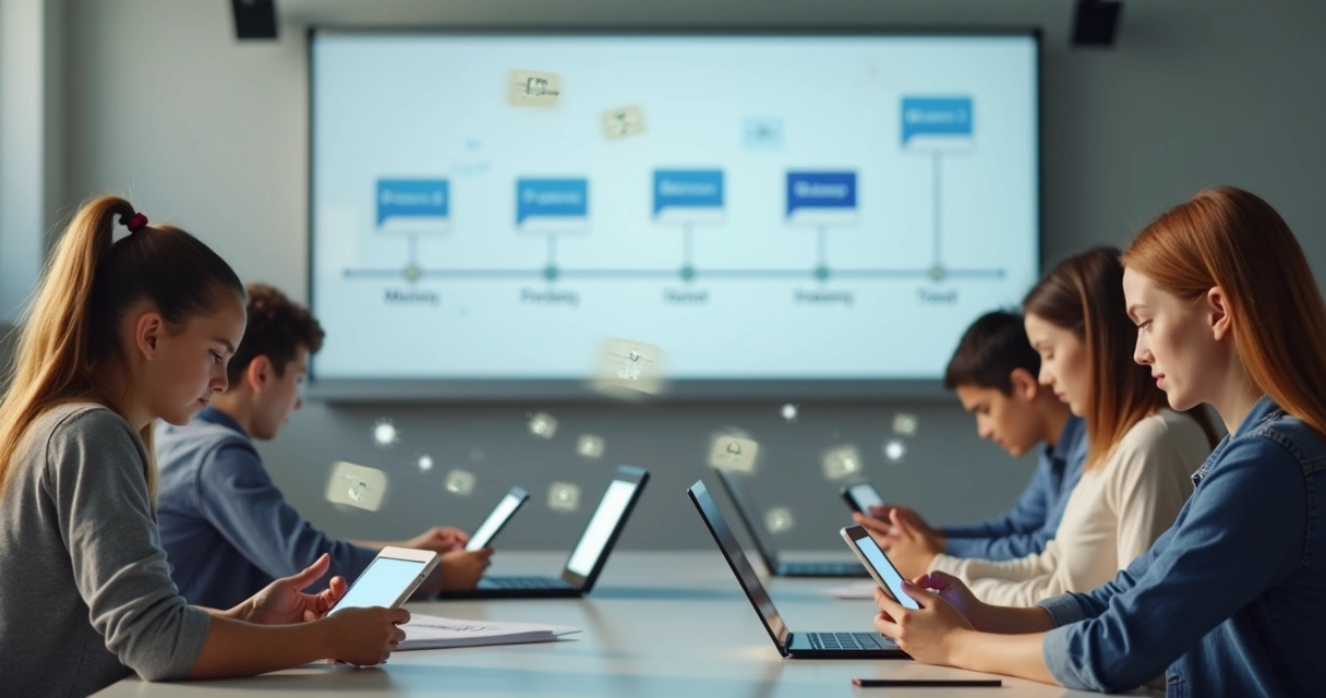 Grupo de estudantes usando aplicativos em tablets e smartphones conectados digitalmente