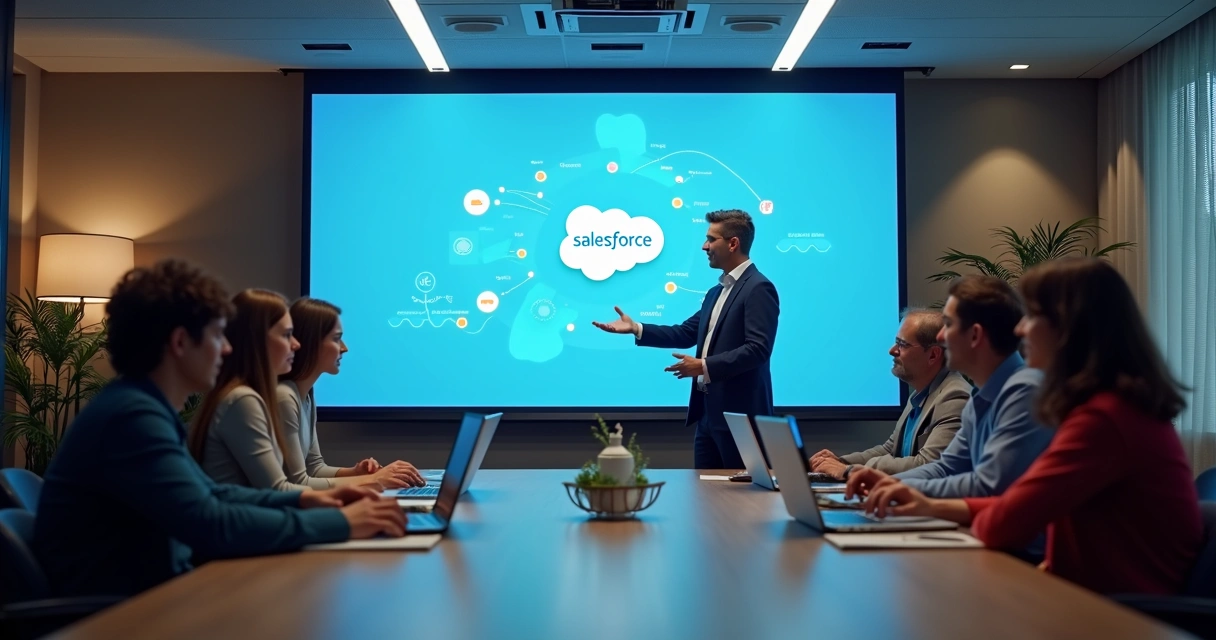 Equipe em treinamento sobre Salesforce e Slack em sala com telas digitais