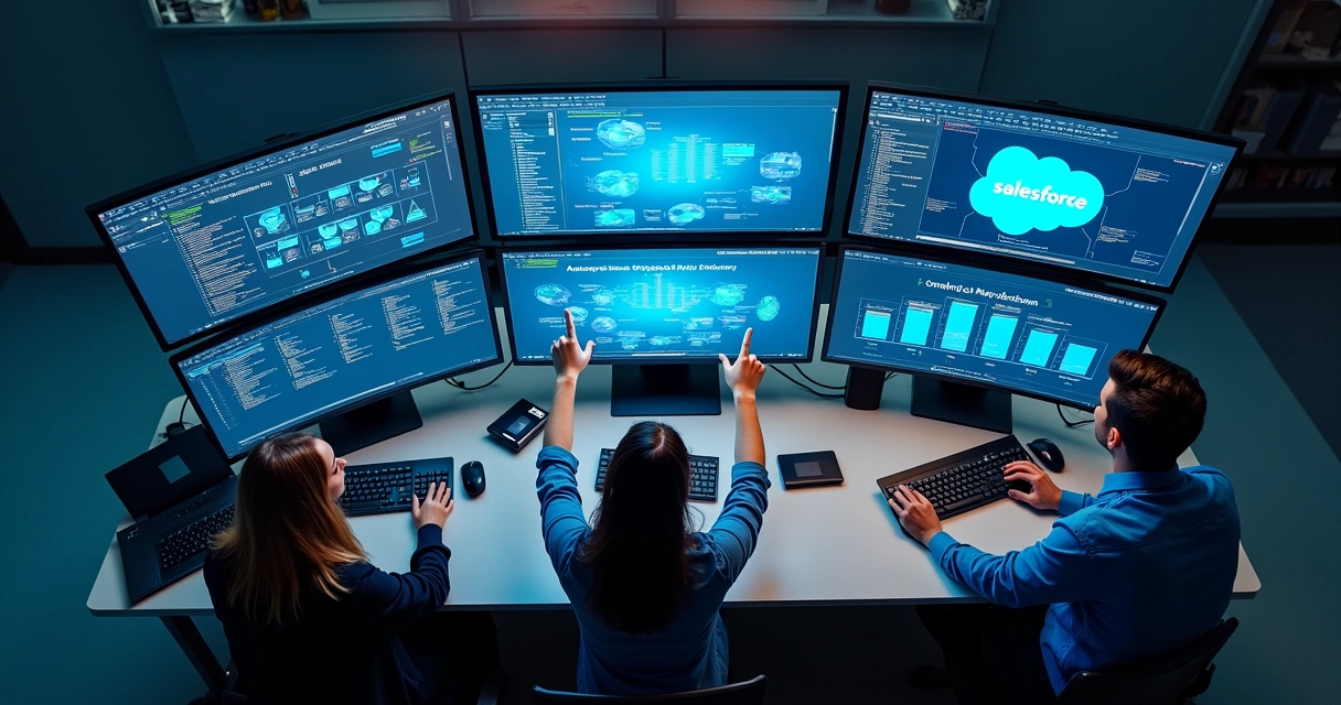 Visão superior de setor de TI com telas exibindo automações