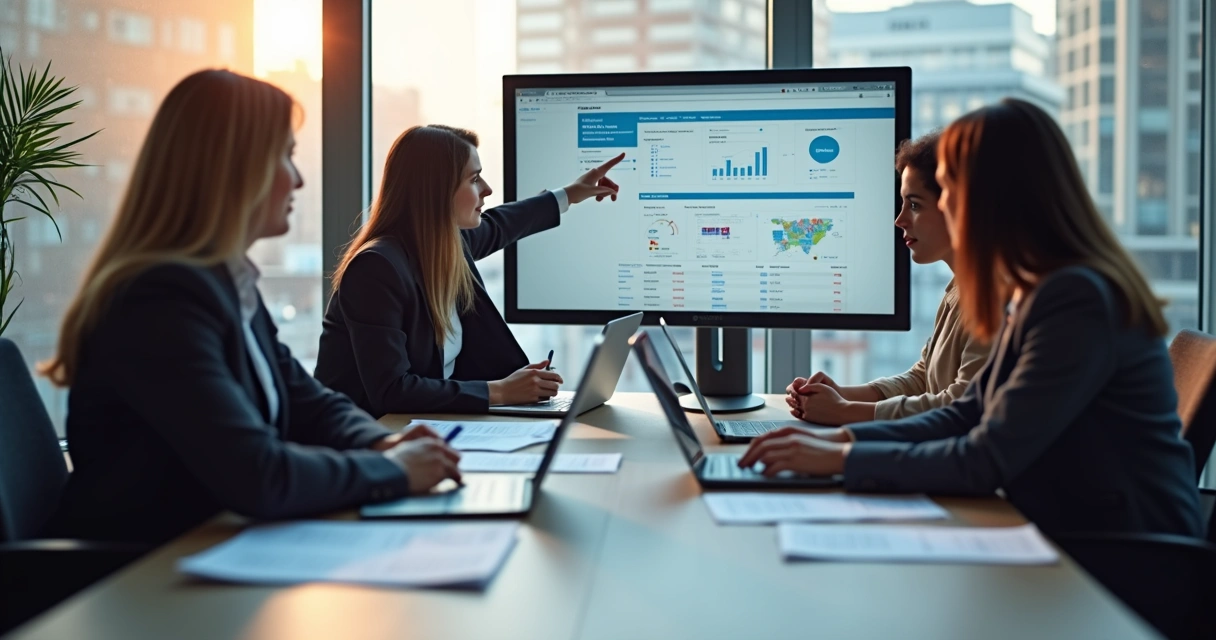 Consultores reunidos analisando fluxos de trabalho em computadores