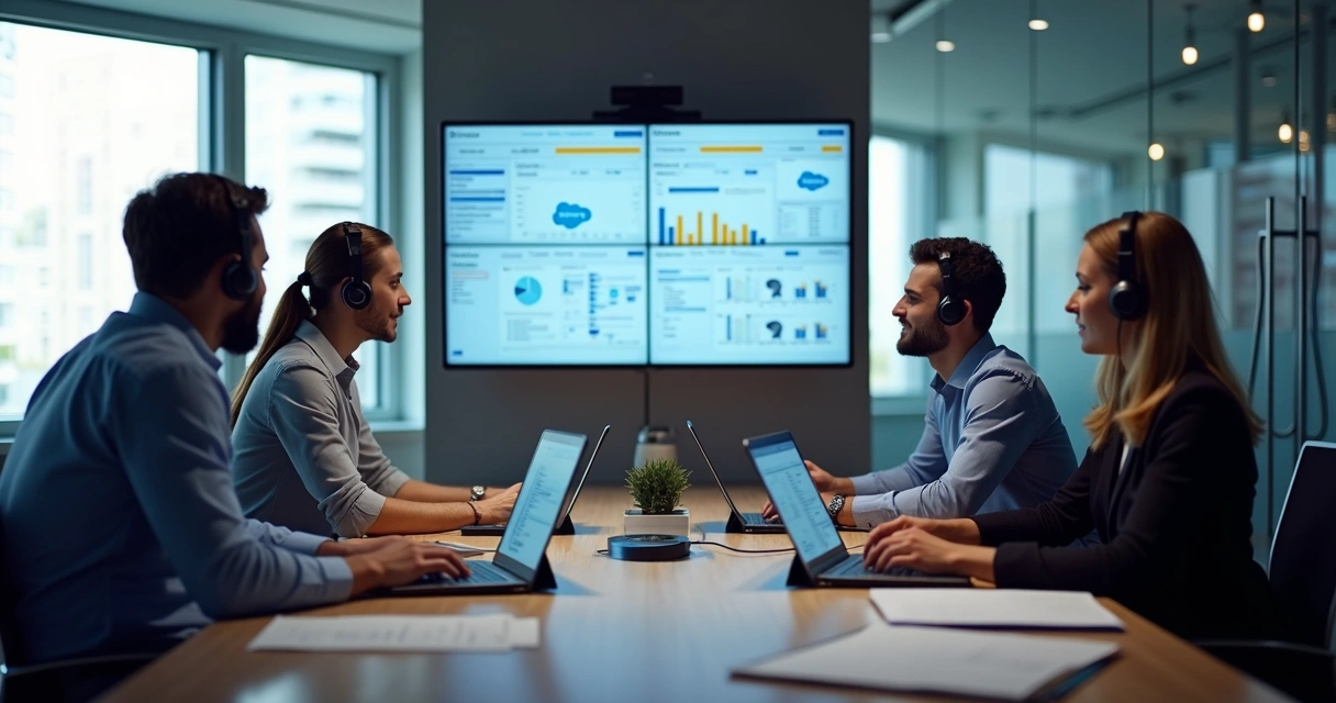 Equipe de suporte remoto em videoconferência, computadores e dashboards ao fundo