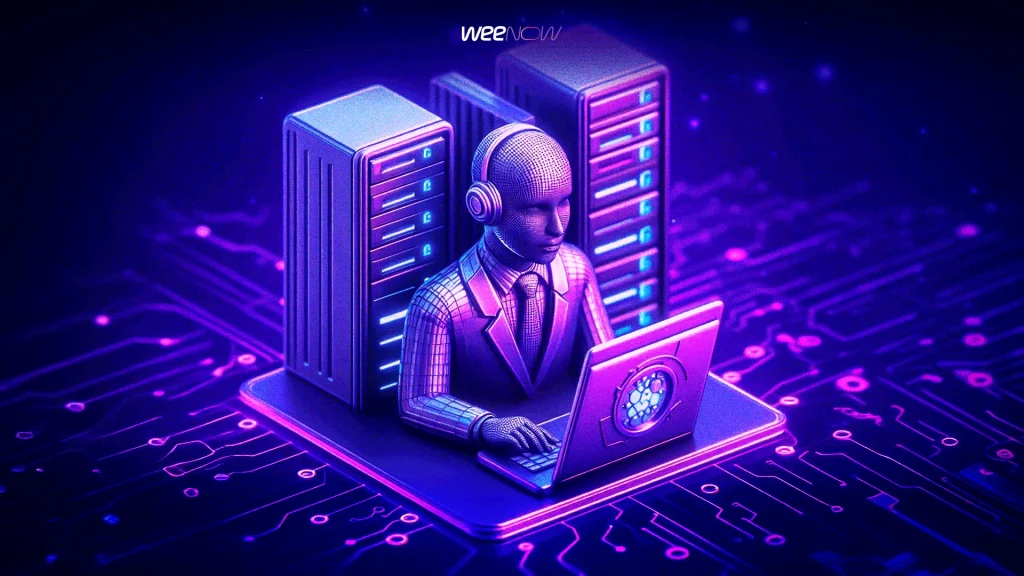 Ser humano mexendo em um computador, o fundo é todo roxo