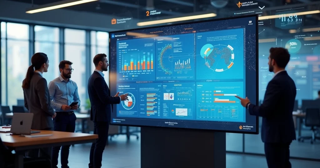 Interface digital com gráficos de vendas e equipe utilizando Sales Cloud para automação e análise