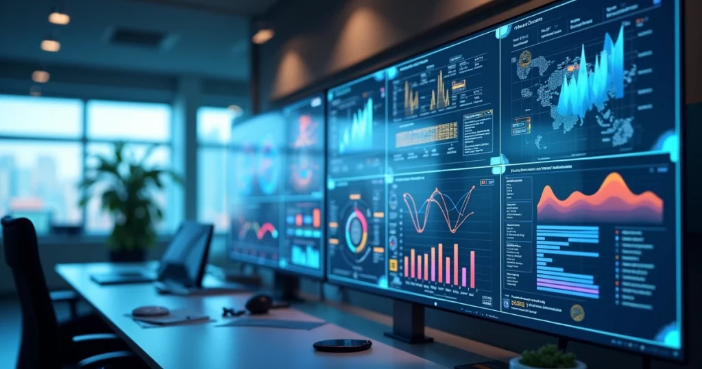 Interface digital com dashboard de automação de marketing mostrando gráficos, segmentação de público, e fluxos de campanhas integradas
