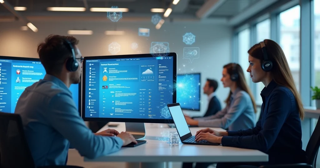 Equipe de suporte remoto Salesforce trabalhando com múltiplos monitores e gráficos de atendimento aberto no escritório moderno
