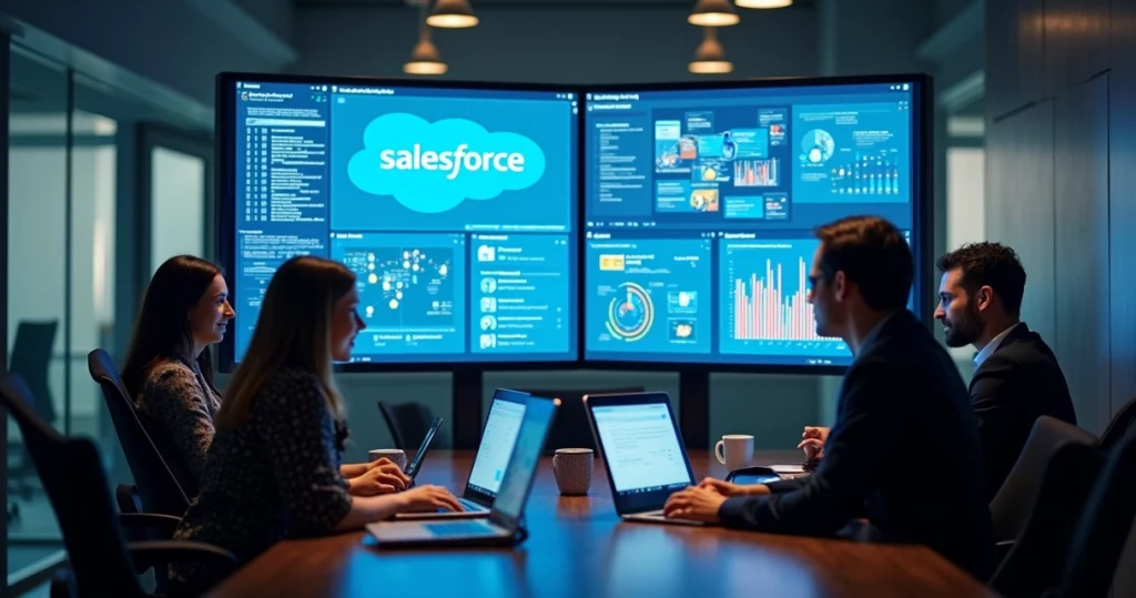 Profissionais trabalhando integrados com Salesforce e Slack em ambiente corporativo moderno