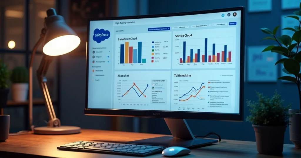 Tela de computador mostrando dashboard do Salesforce com gráficos e opções de planos CRM
