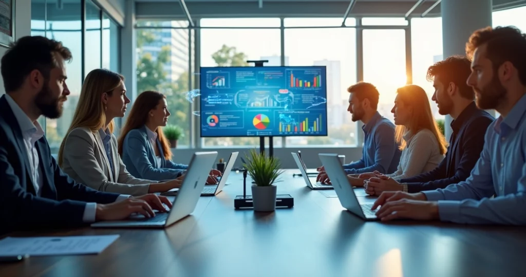 Equipe de consultoria Salesforce trabalhando em projeto com computadores e gráficos digitais