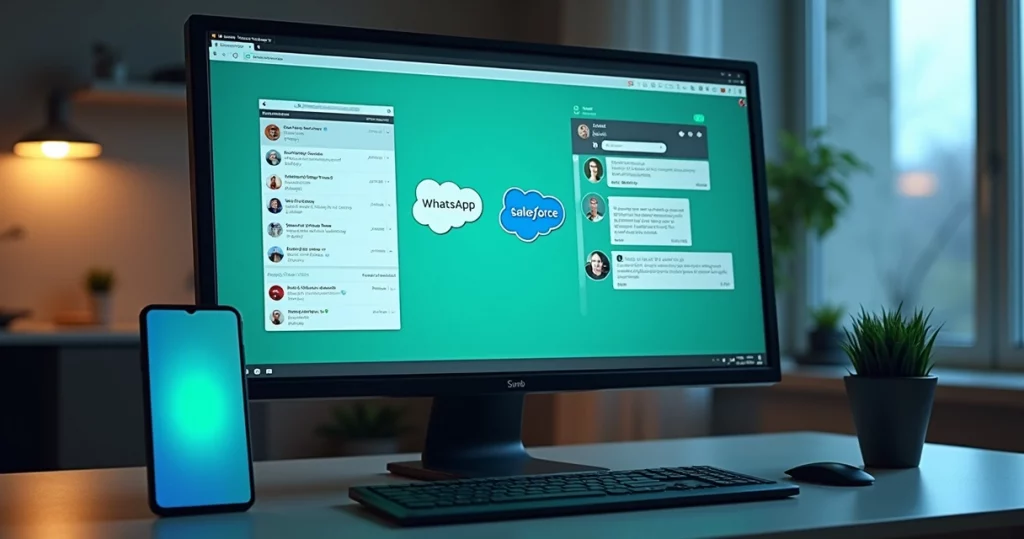 Interface digital mostrando integração entre aplicativos WhatsApp e Salesforce em tela de computador