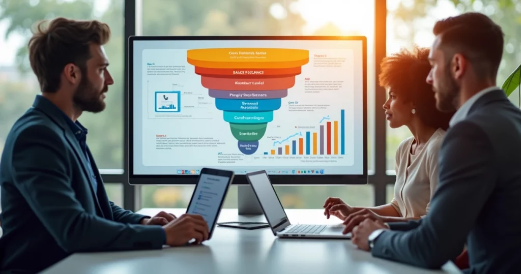 Equipe de vendas utilizando ferramentas digitais com gráficos de funil de vendas em tela de computador