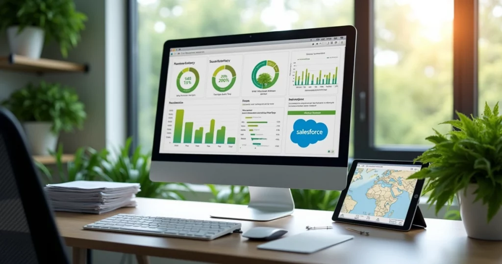 Mesa de escritório com computador exibindo dashboards de sustentabilidade e gráficos de eficiência energética, documentos digitais no tablet e plantas verdes ao fundo