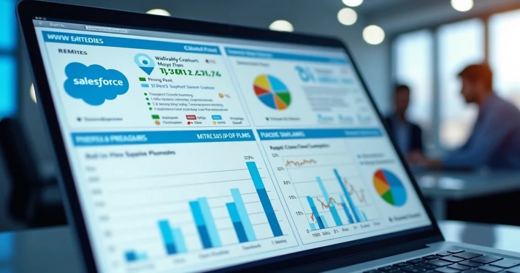 Tela digital detalhada mostrando diferentes planos de mensalidade do Salesforce com gráficos e ícones de nuvem