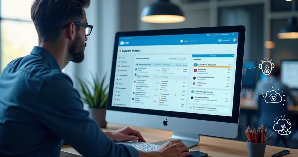 Profissional utilizando computador com tela exibindo painel de suporte Salesforce e funções de inteligência artificial