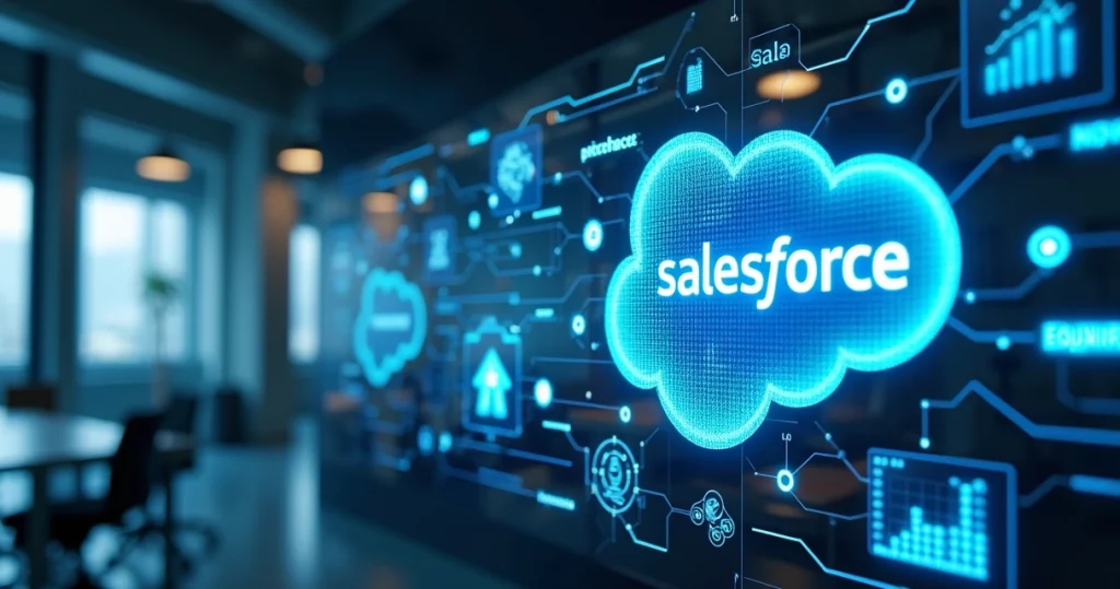 Interface digital com agentes de IA autônomos operando em ambiente Salesforce com gráficos, dados e conexões visíveis