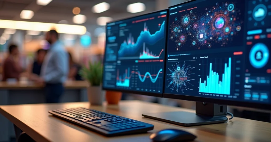 Tela de computador exibindo gráficos e dados preditivos de vendas no varejo pelo Salesforce