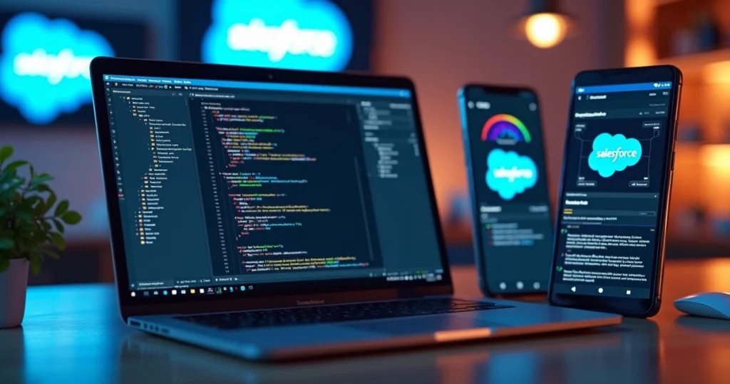 Tela de laptop mostrando código Android Studio com interface de app integrado ao Salesforce, ao lado smartphone exibindo app Android com dashboard Salesforce