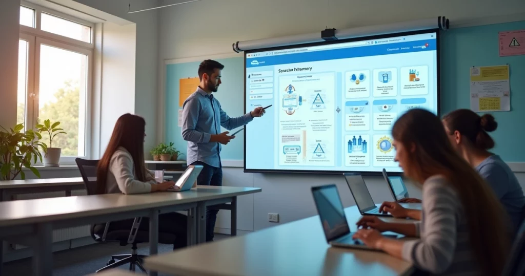 Sala de aula moderna com estudantes usando tablets e professor interagindo com quadro digital