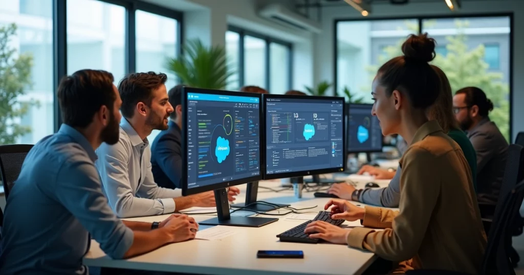 Equipe trabalhando em ambiente moderno com computadores exibindo integração do Slack ao Salesforce