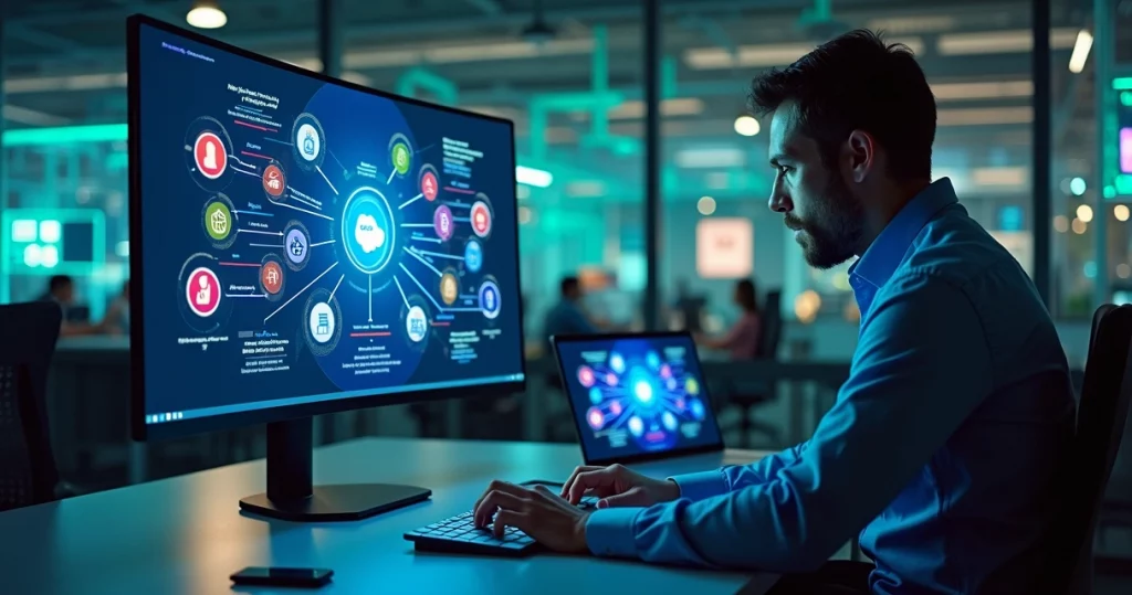 Interface digital da plataforma MuleSoft com gráficos e conexões entre sistemas exibida em tela de computador