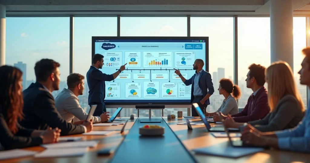 Equipe de negócios e consultoria analisando dashboard Salesforce em tela grande de escritório moderno