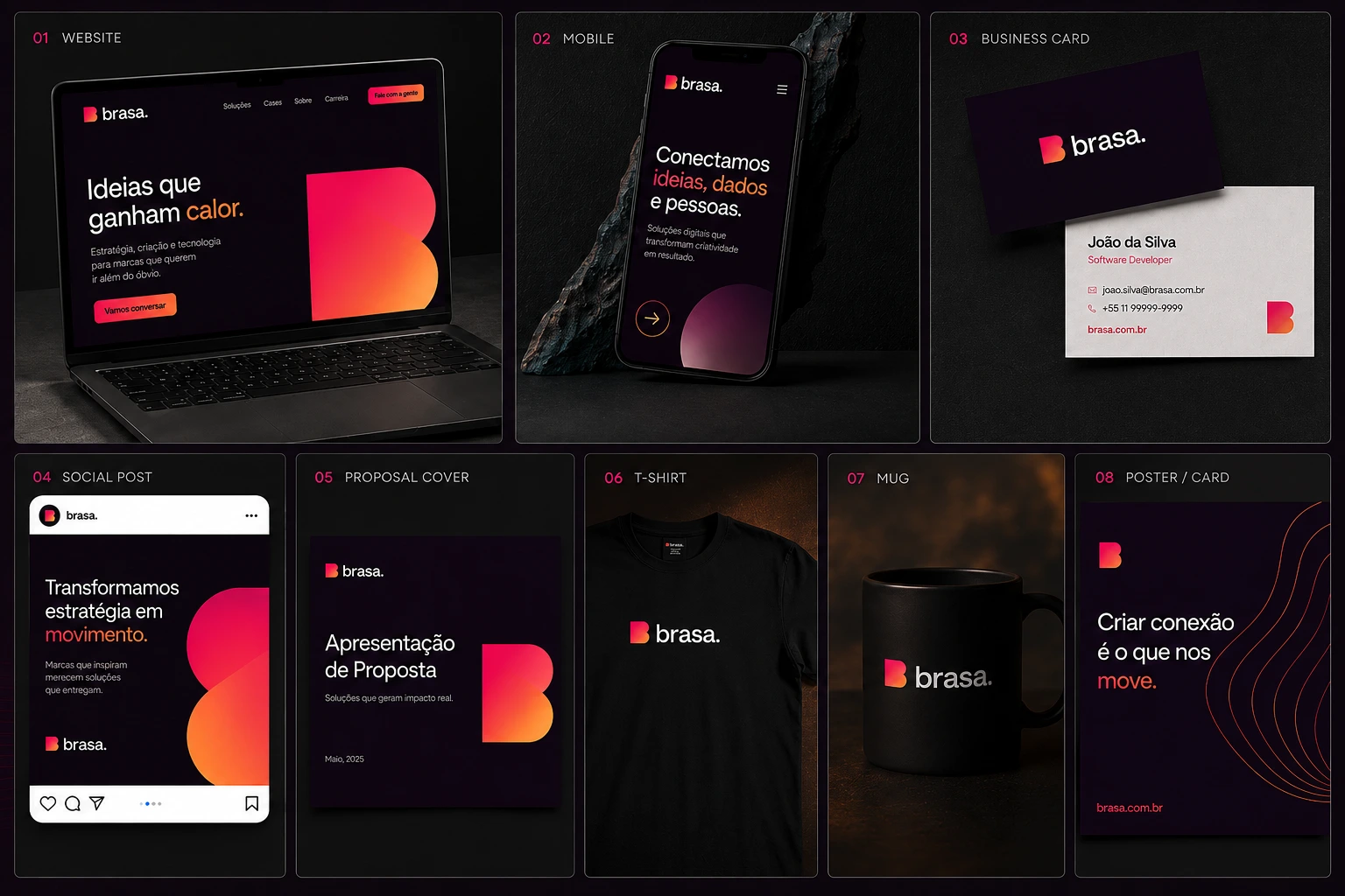Aplicações originais Brasa em website, celular, cartão de visita, redes sociais, proposta, camiseta, caneca e pôster